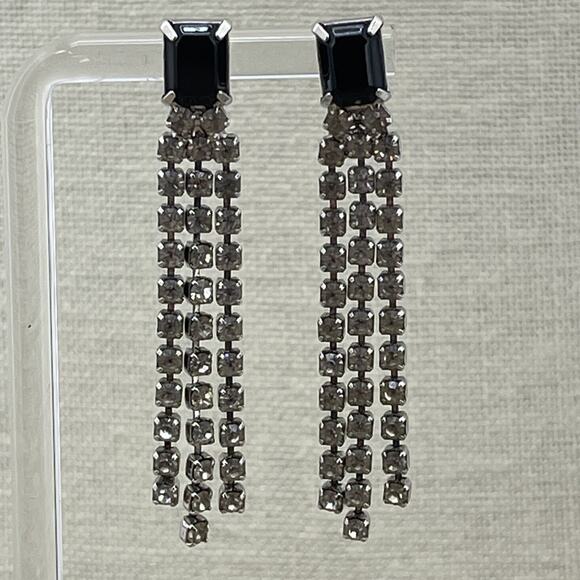 Vintage Rhinestone Black Silver Tone Fringe Stud Earrings Drop Dangle Push Lock - Picture 2 of 4